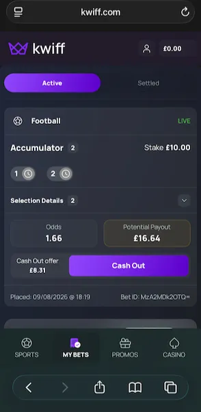 Live £10 football acca on kwiff with £8.31 offered to settle the bet early