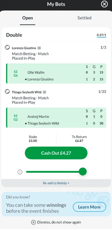 Partial cash out slider beneath a £4.27 settlement offer on an in-play tennis double at BetVictor