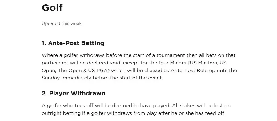 talkSPORT BET golf rules marked Updated this week, Ante-Post Betting section naming the four Majors as the exception to a void withdrawal