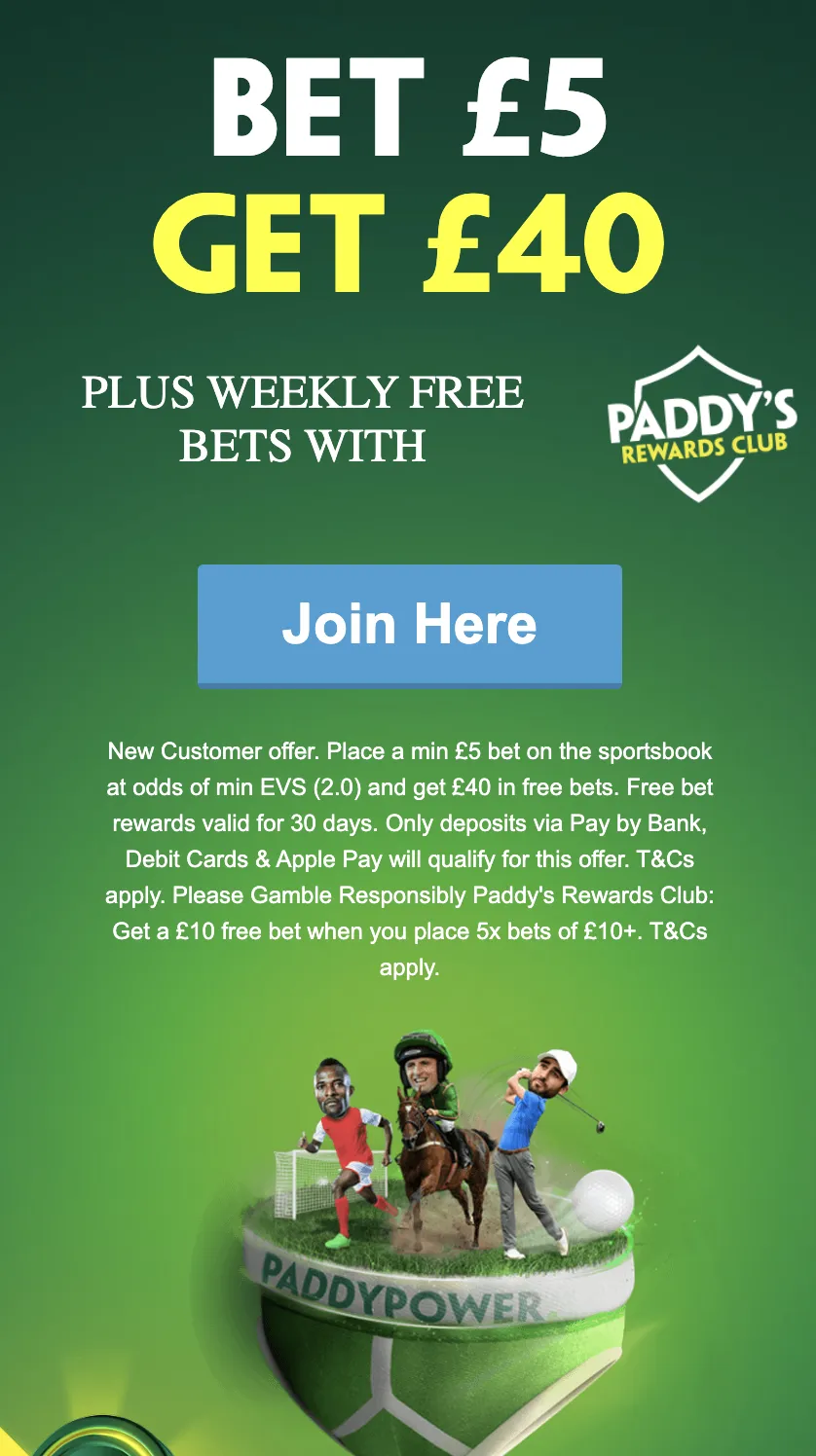 Paddy power new customer offer details: Bet £5, get £40 in free bets