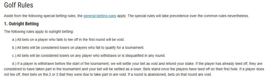 Ladbrokes Golf Rules page, section 1 Outright Betting, rules a to d covering void bets, failure to qualify, withdrawals and disqualification