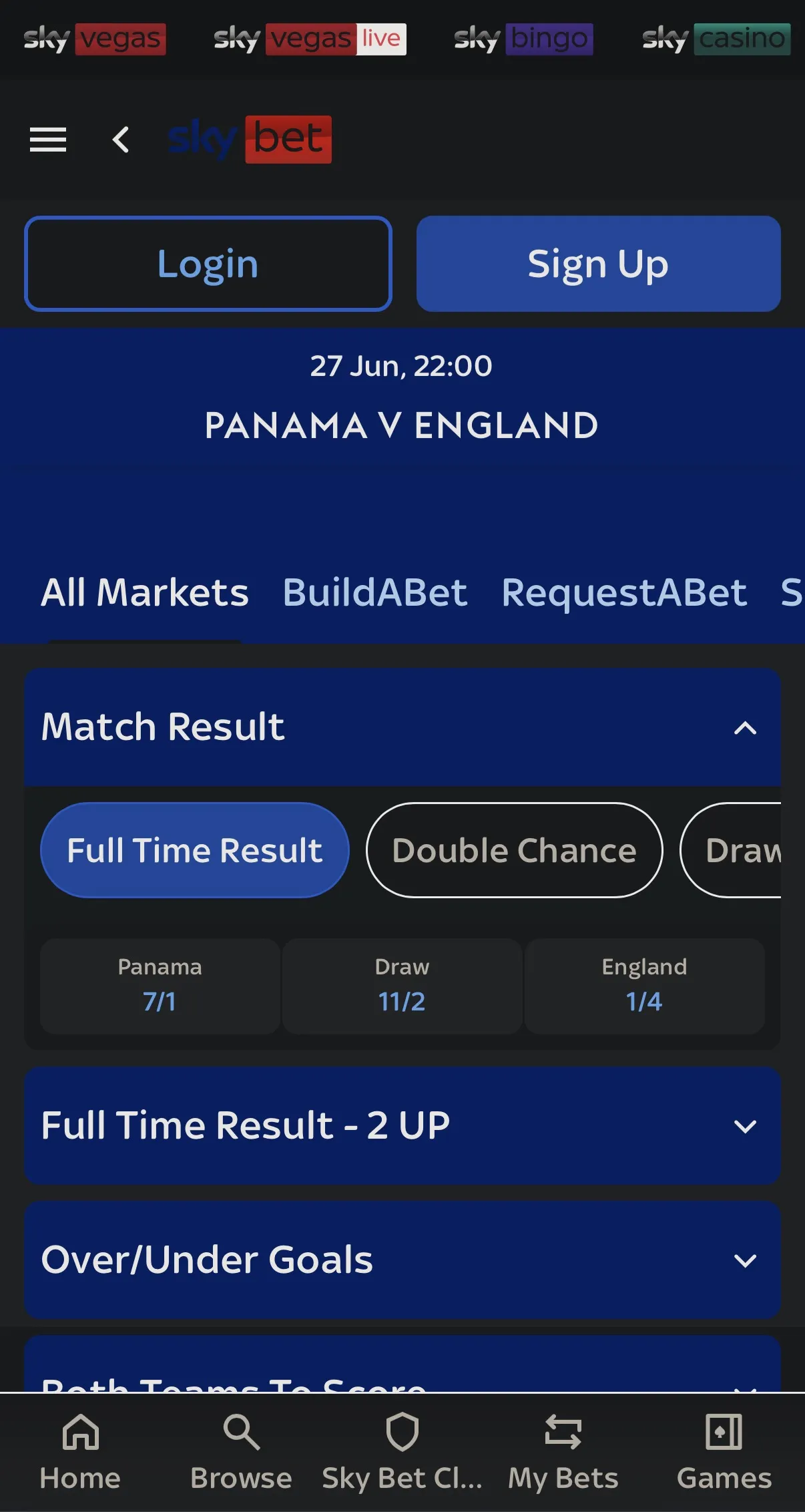 Sky Bet mobile app showing the Panama v England Match Result market with Full Time Result odds of 7/1 Panama, 11/2 Draw, 1/4 England.