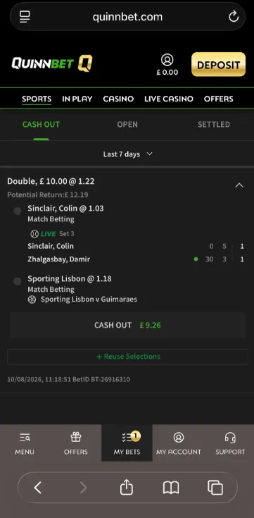 Quinnbet mobile cash out tab showing a live £10 tennis and football double with £9.26 available