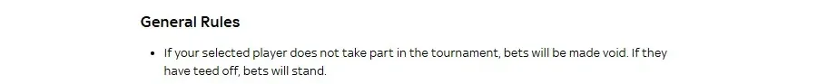 Sky Bet golf rules, General Rules section, stating that bets are void if a player does not take part and stand once they have teed off