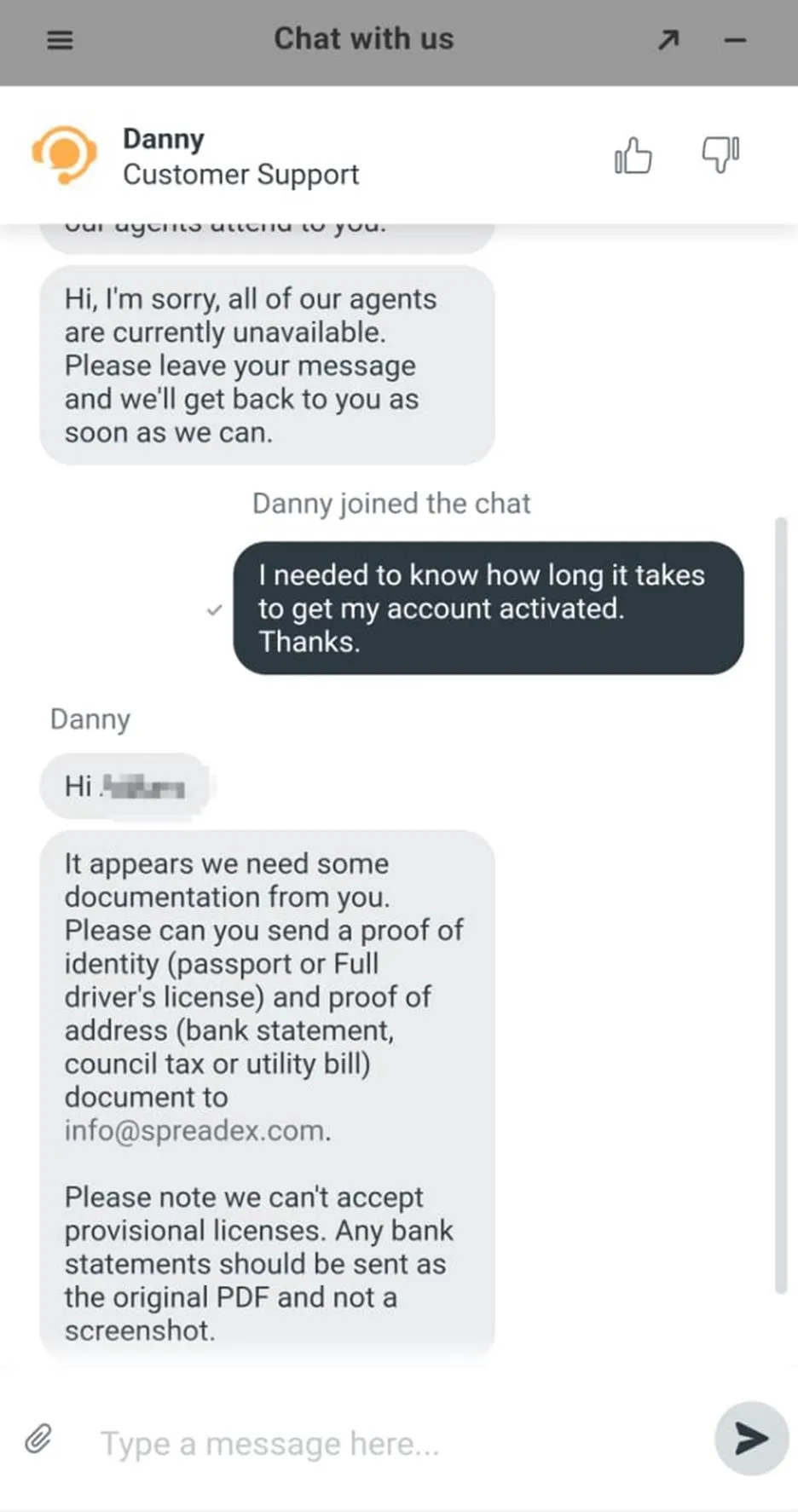 Conversation with Spreadex live chat customer support agent Danny