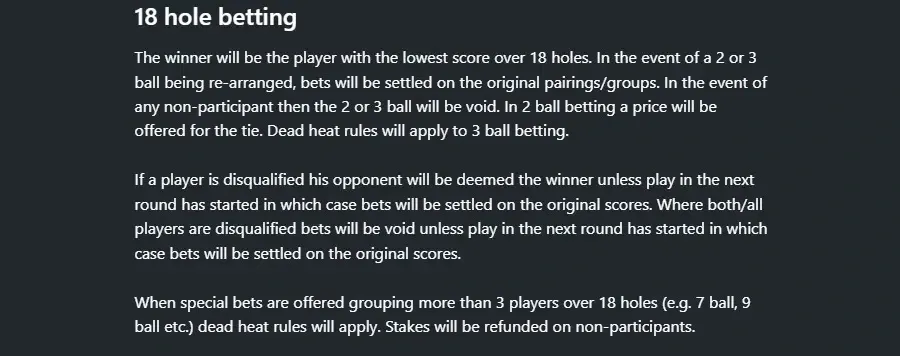 BetWright 18 hole betting rules, stating a price will be offered for the tie in 2 ball betting and dead heat rules apply to 3 balls