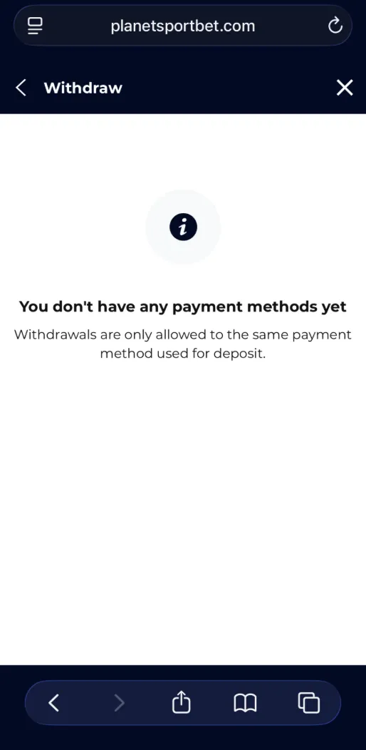 Planet Sport Bet withdraw page showing no saved payment methods