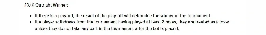 BetMGM rulebook clause 20.10, Outright Winner, treating a player who withdraws having played at least 3 holes as a loser