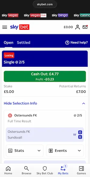 Sky Bet cash out offer of £4.77 on a losing £5 football single, with the running profit shown below