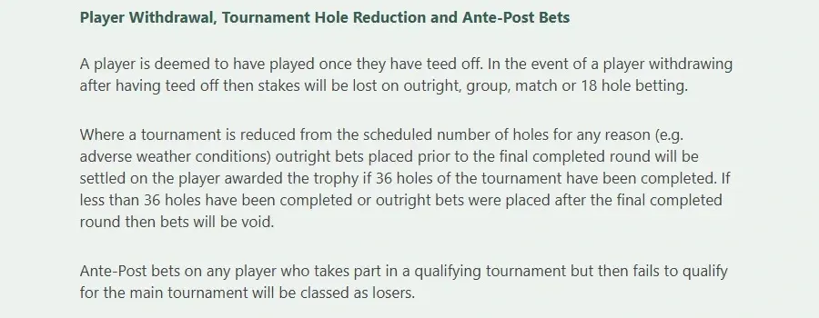 bet365 Player Withdrawal, Tournament Hole Reduction and Ante-Post Bets section, stating stakes are lost once a player has teed off