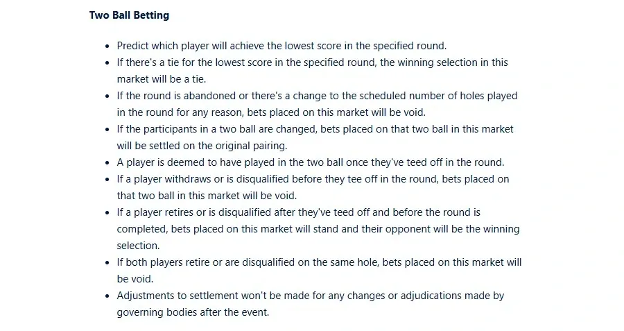 William Hill Two Ball Betting rules, stating the winning selection will be a tie and the market voids only if both players retire on the same hole