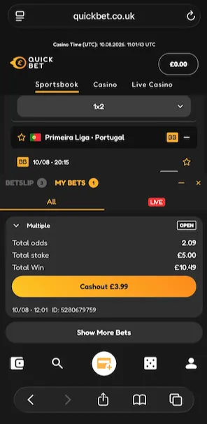Quinnbet mobile cash out tab showing a live £10 tennis and football double with £9.26 available
