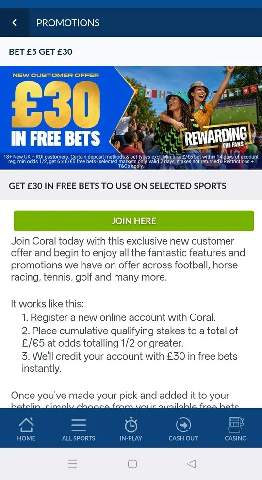 Coral sports sign up offer: Bet £5 Get £30 offer